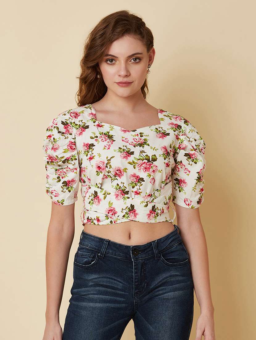 women floral print puff sleeve crop top
