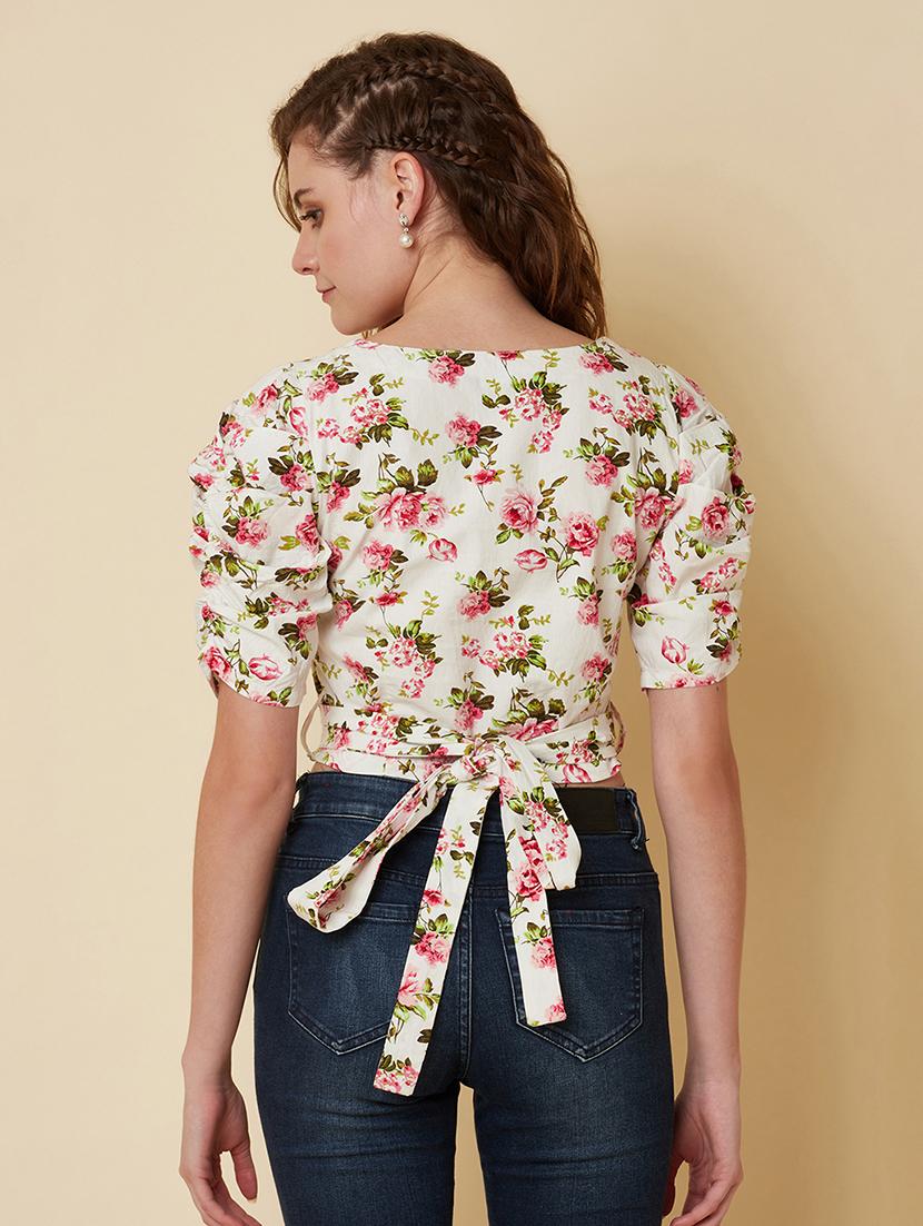 women floral print puff sleeve crop top - 22036965 - Standard Image - 2