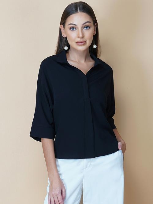 women black solid bell sleeve collared regular top - 22036966 - Standard Image - 0