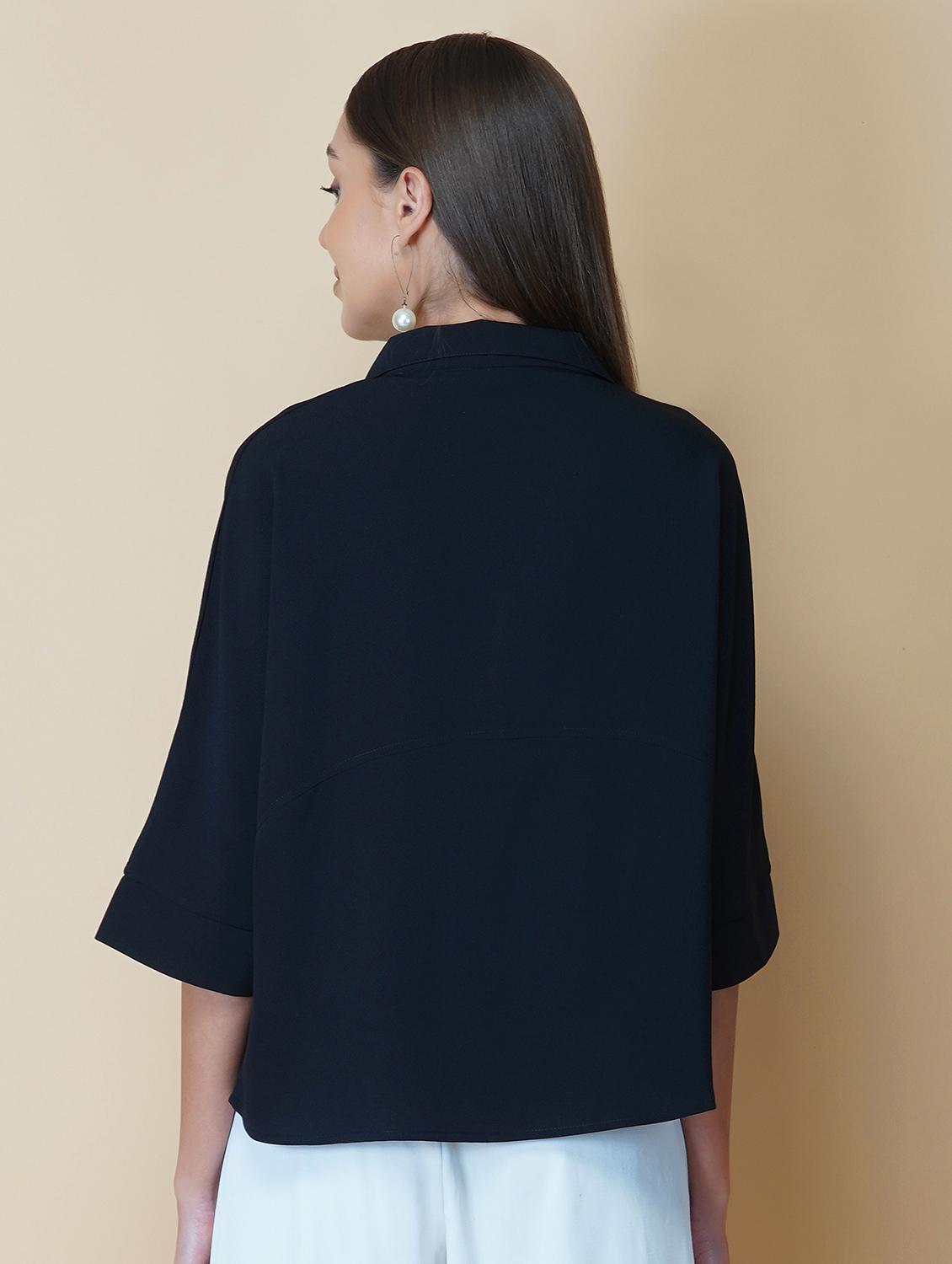 women black solid bell sleeve collared regular top - 22036966 - Standard Image - 2