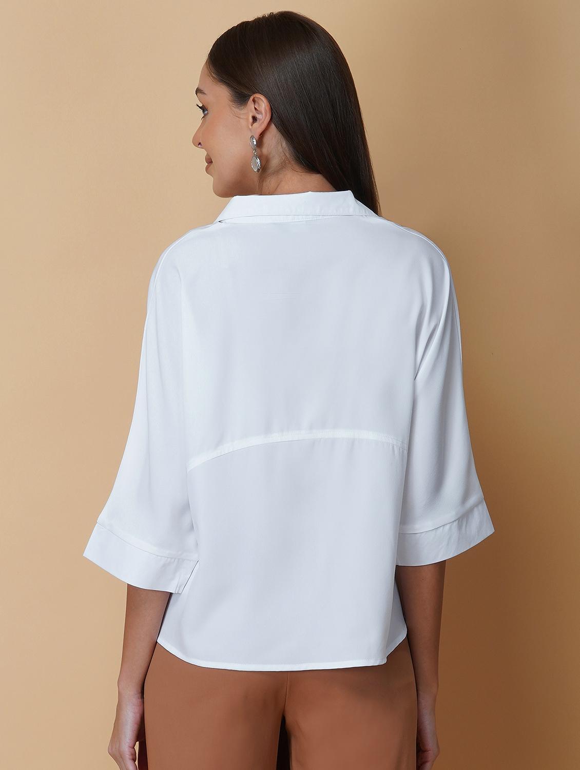 women solid collared bell sleeve shirt style top - 22036967 - Standard Image - 2