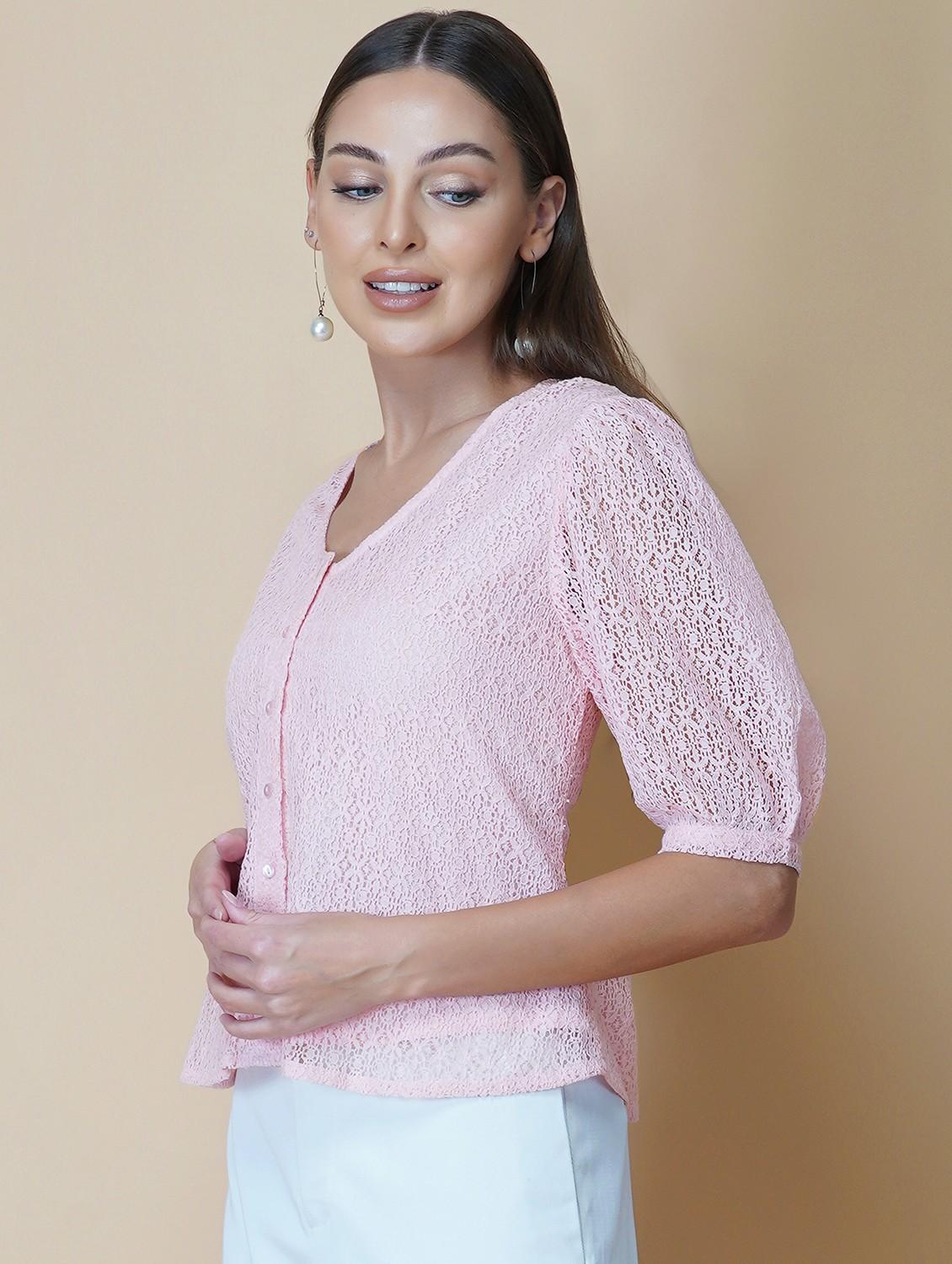women pink solid puff sleeve laced regular top - 22036968 - Standard Image - 2