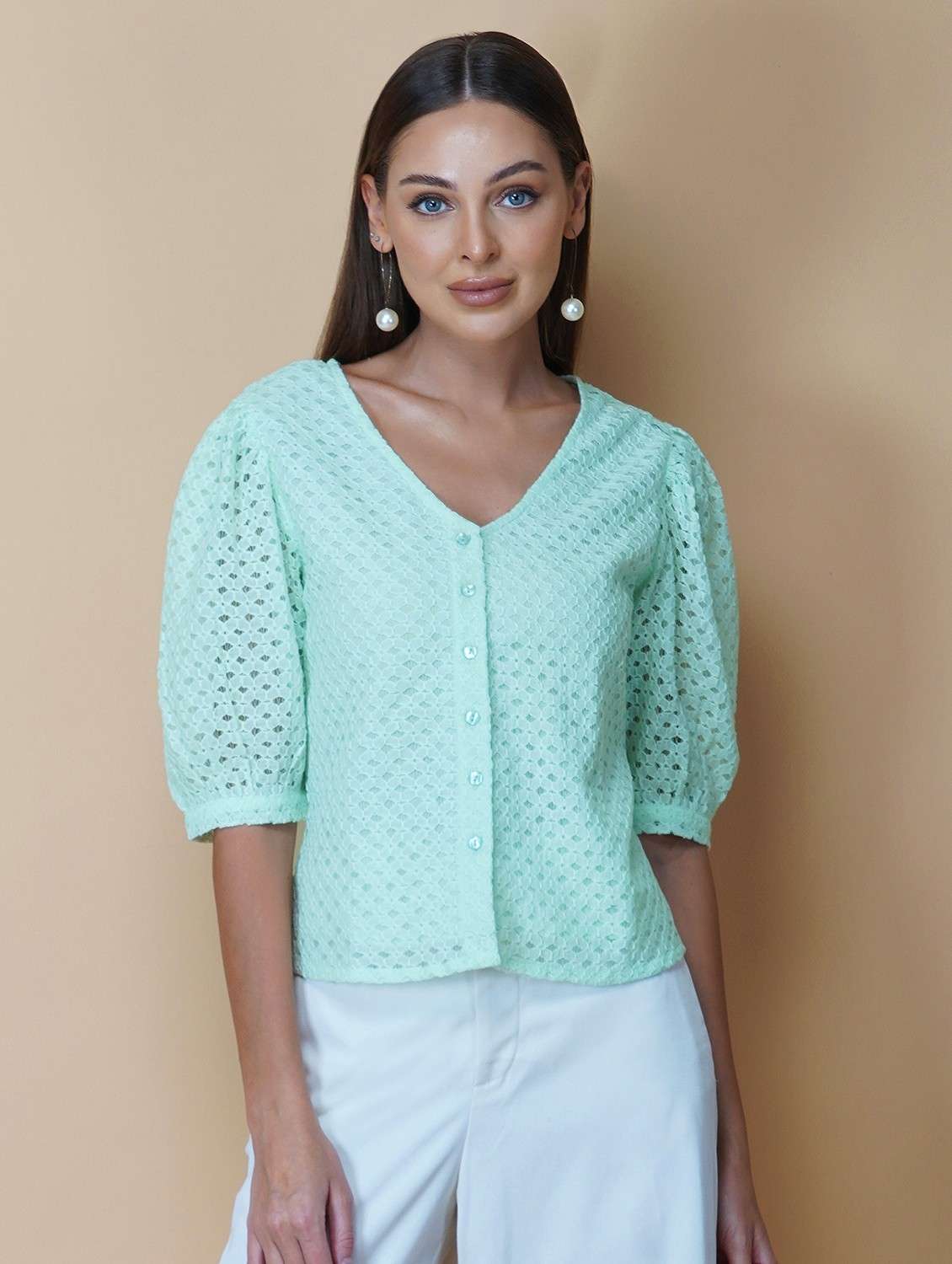 women solid puff sleeve laced regular top
