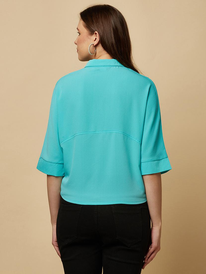 women solid collared bell sleeve shirt style top - 22036970 - Standard Image - 2