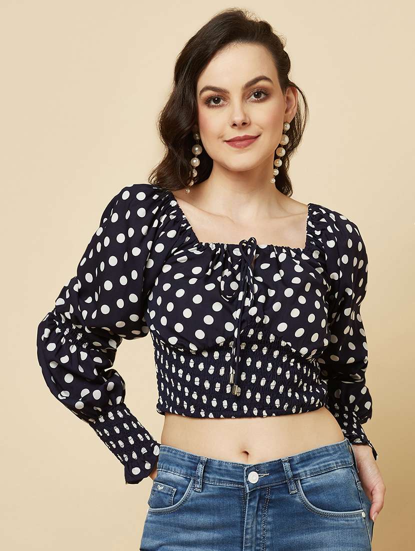 women black polka doted puff sleeve crop top