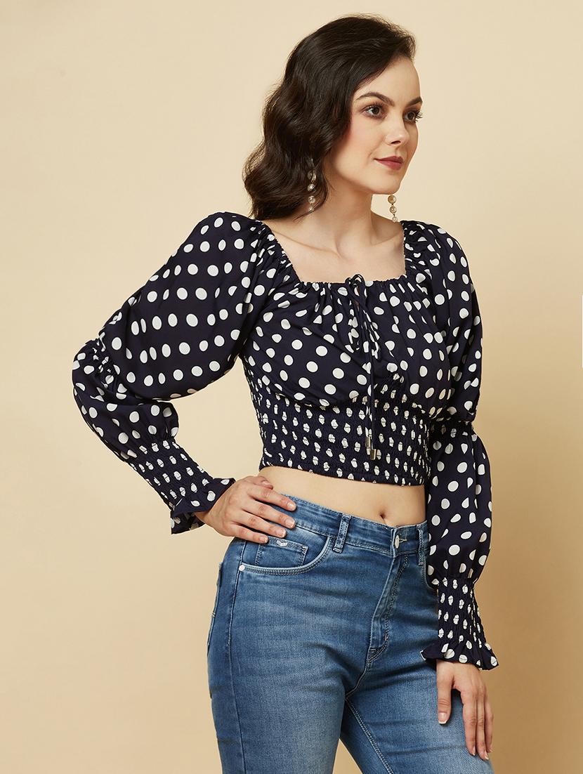 women black polka doted puff sleeve crop top - 22036971 - Standard Image - 2