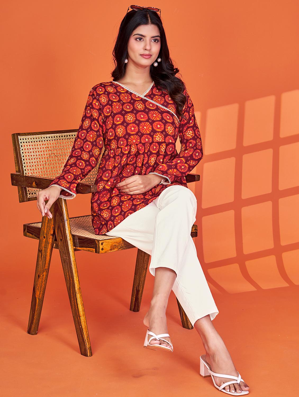 women printed long sleeve angrakha kurti - 22036973 - Standard Image - 2