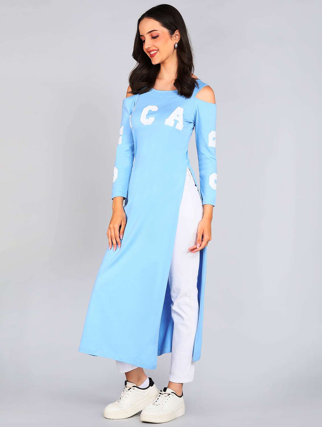 women printed cold shoulder high slit tunic - 22036978 - Standard Image - 2