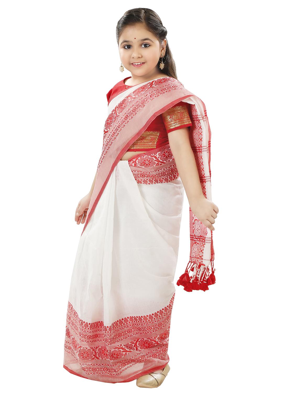 girls white printed bordered saree - 22036991 - Standard Image - 2