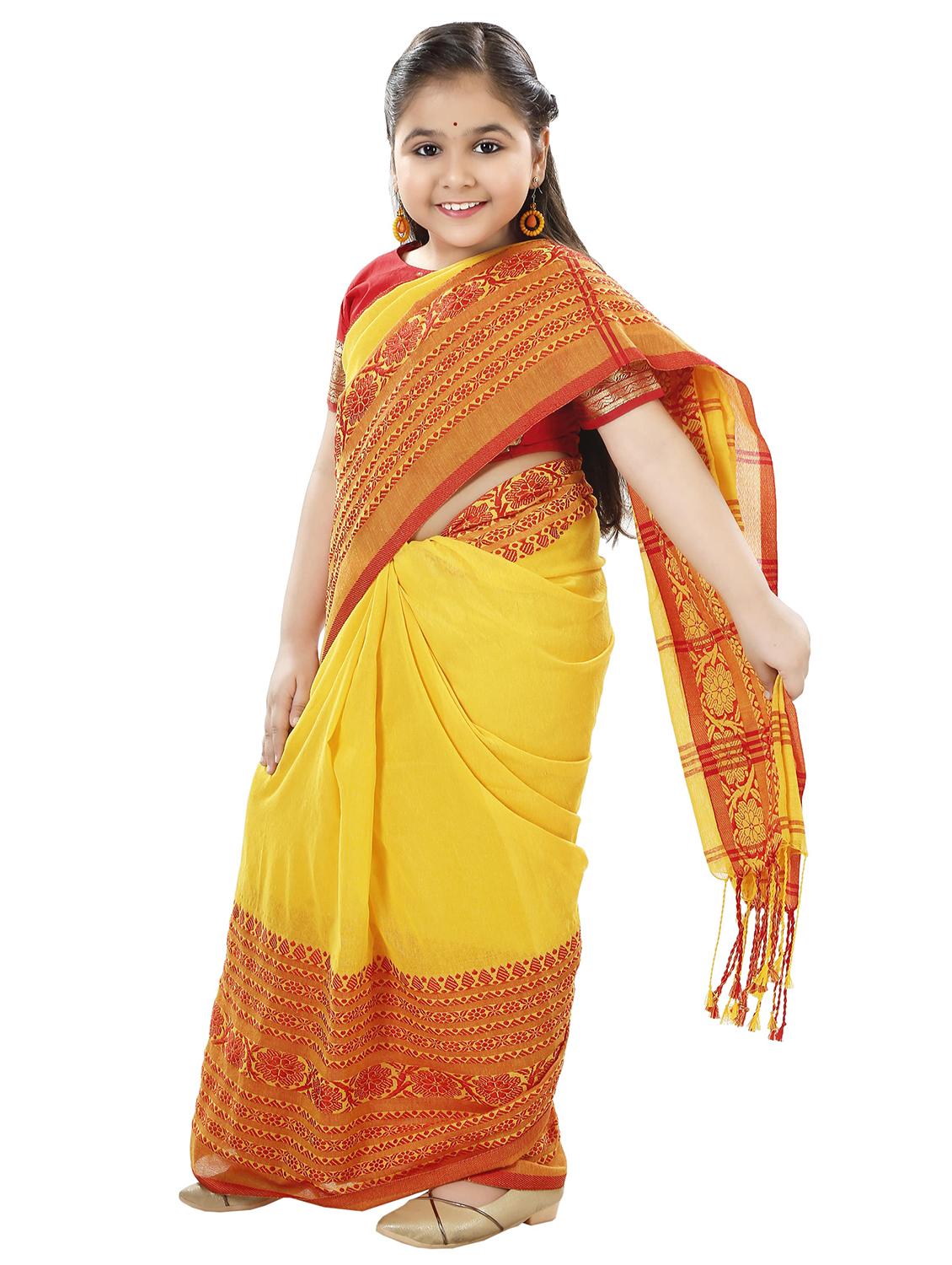 girls yellow printed bordered saree - 22036992 - Standard Image - 2