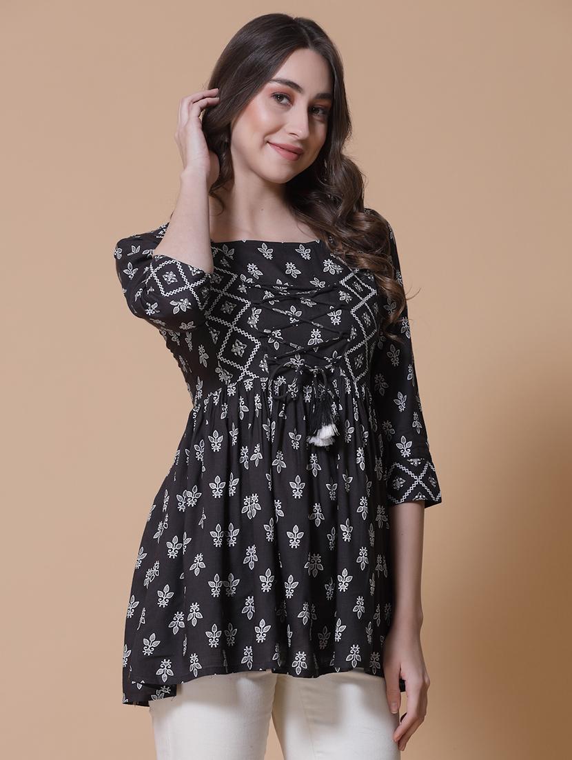 women printed three quarter sleeve flared kurti - 22036995 - Standard Image - 2