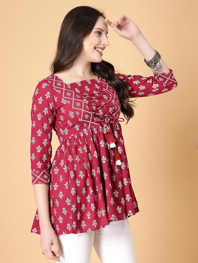 women printed three quarter sleeve flared kurti - 22036996 - Standard Image - 2