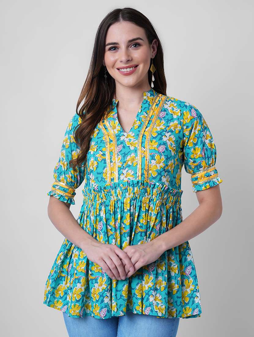 women floral print puff sleeve flared kurti