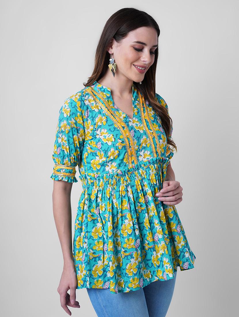 women floral print puff sleeve flared kurti - 22036998 - Standard Image - 2