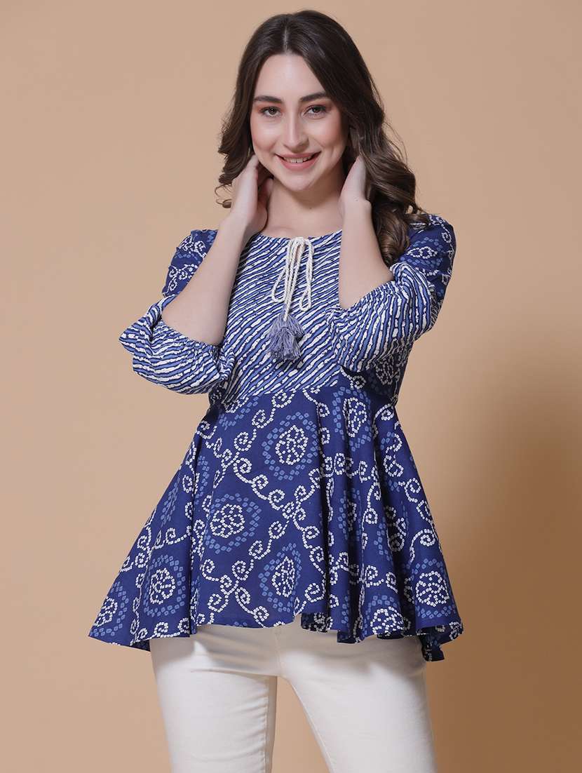 women printed three quarter sleeve flared kurti