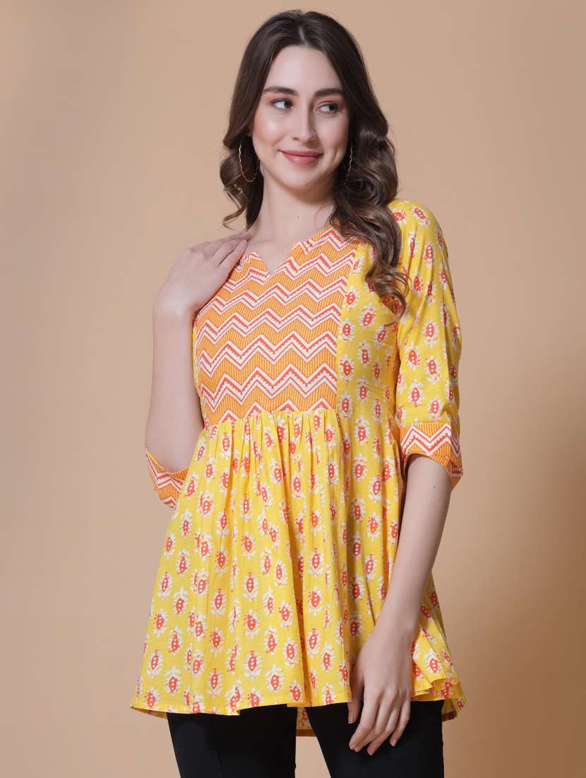 women printed three quarter sleeve flared kurti