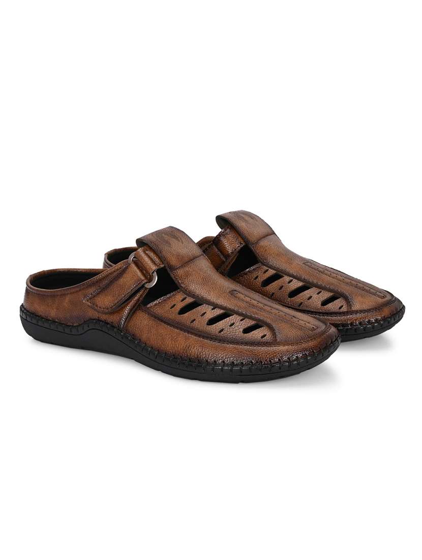 men solid brown slip on sandal - 22037041 - Standard Image - 2