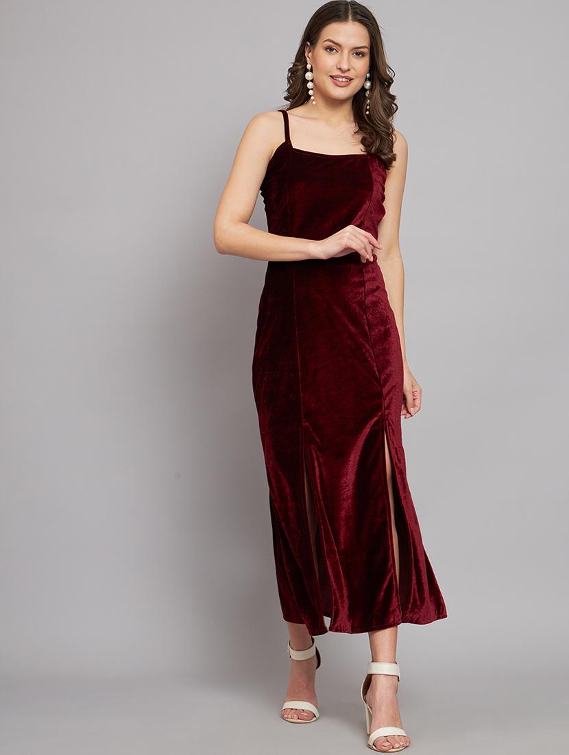 women solid shoulder strap velvet sheath dress - 22037050 - Standard Image - 2