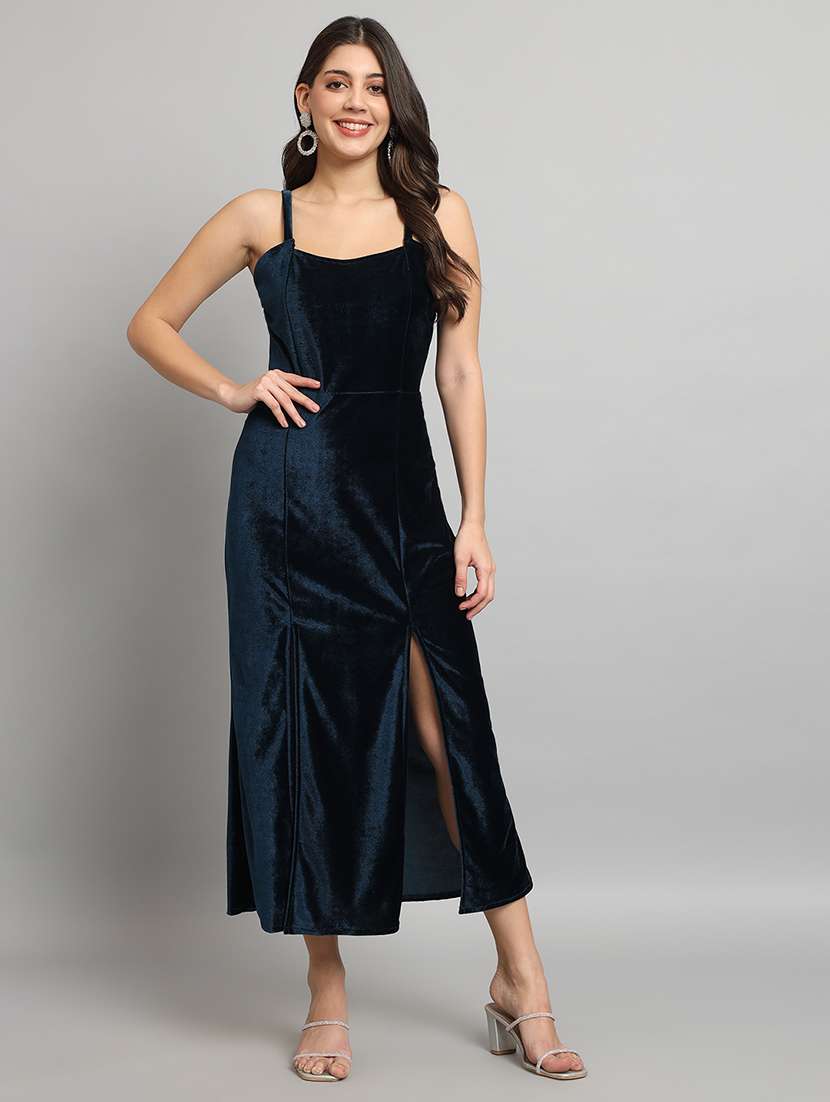 women solid shoulder strap velvet sheath dress - 22037051 - Standard Image - 2