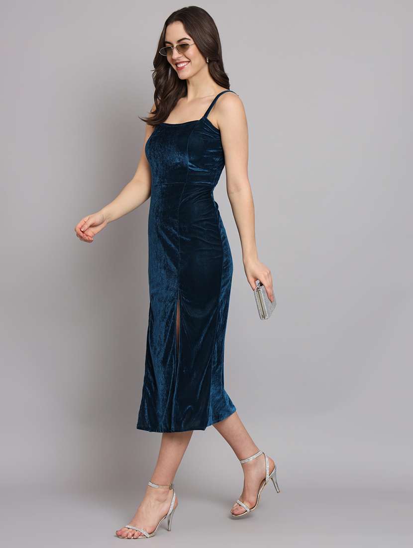 women solid shoulder strap velvet sheath dress