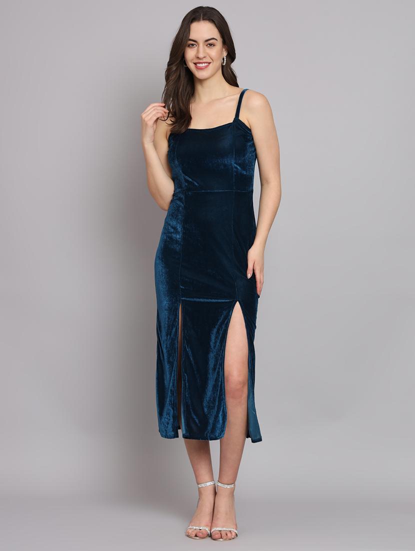women solid shoulder strap velvet sheath dress - 22037052 - Standard Image - 2