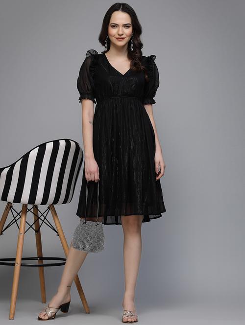 women solid puff sleeve fit & flare dress - 22037054 - Standard Image - 0