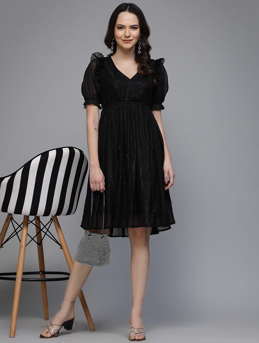 women solid puff sleeve fit & flare dress - 22037054 - Zoom Image - 0