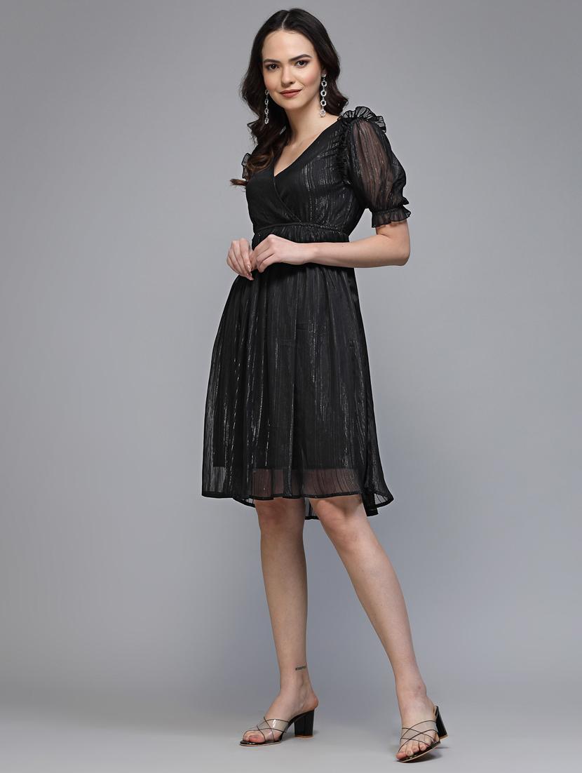 women solid puff sleeve fit & flare dress - 22037054 - Standard Image - 2