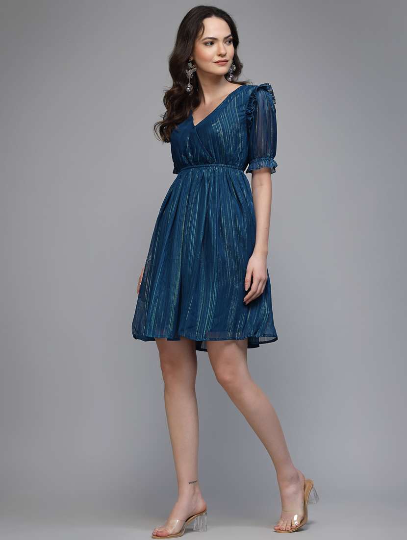 women solid puff sleeve fit & flare dress - 22037055 -  Standard Image - 2
