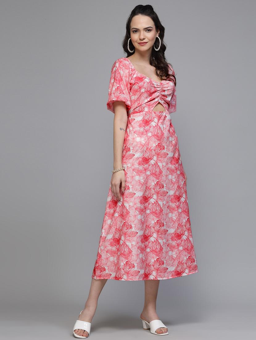 women floral print puff sleeve cut out a-line dress - 22037060 - Standard Image - 2
