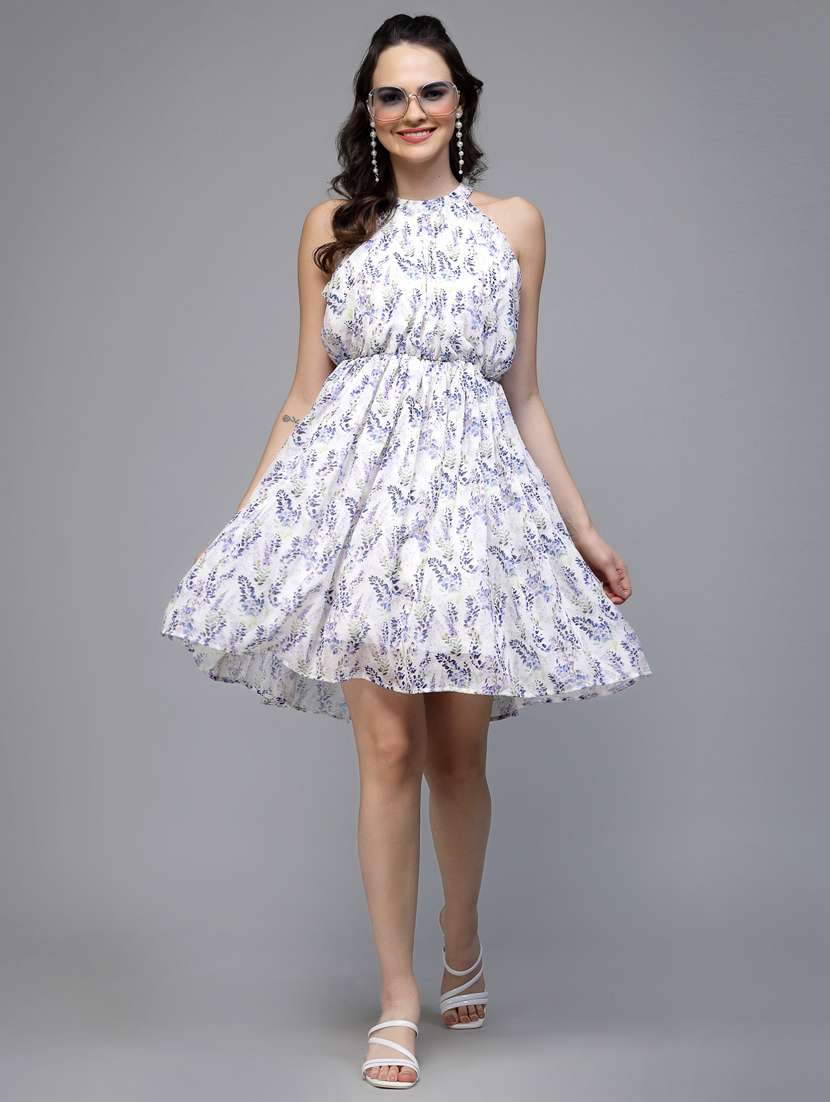 women printed halter neck sleeveless fit & flare dress