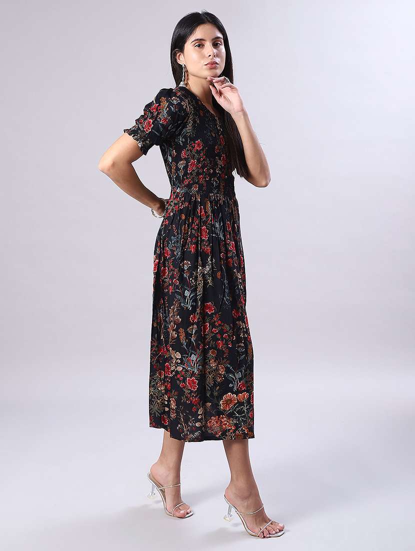 women floral print puff sleeve fit & flare dress - 22037548 -  Standard Image - 2