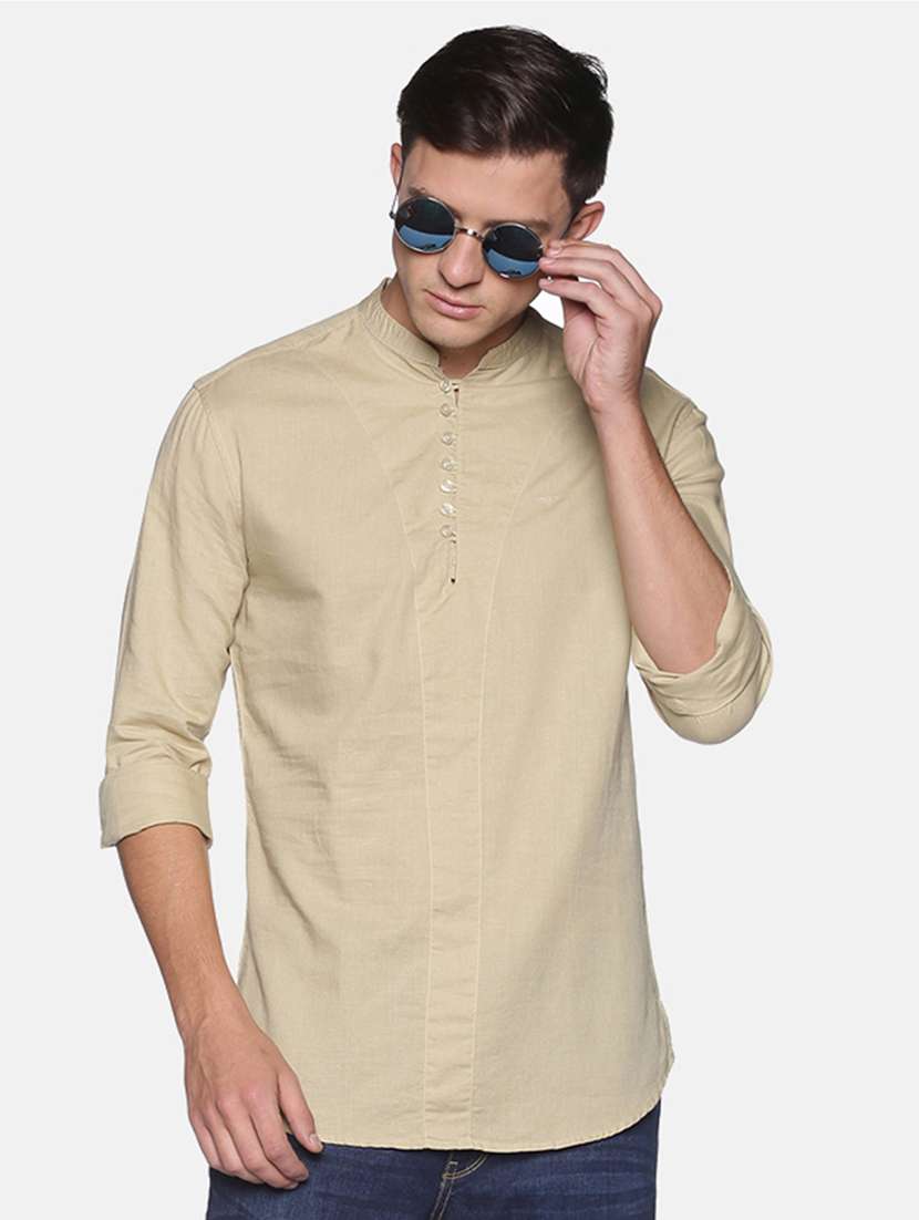 men solid mandarin neck long sleeve short kurta