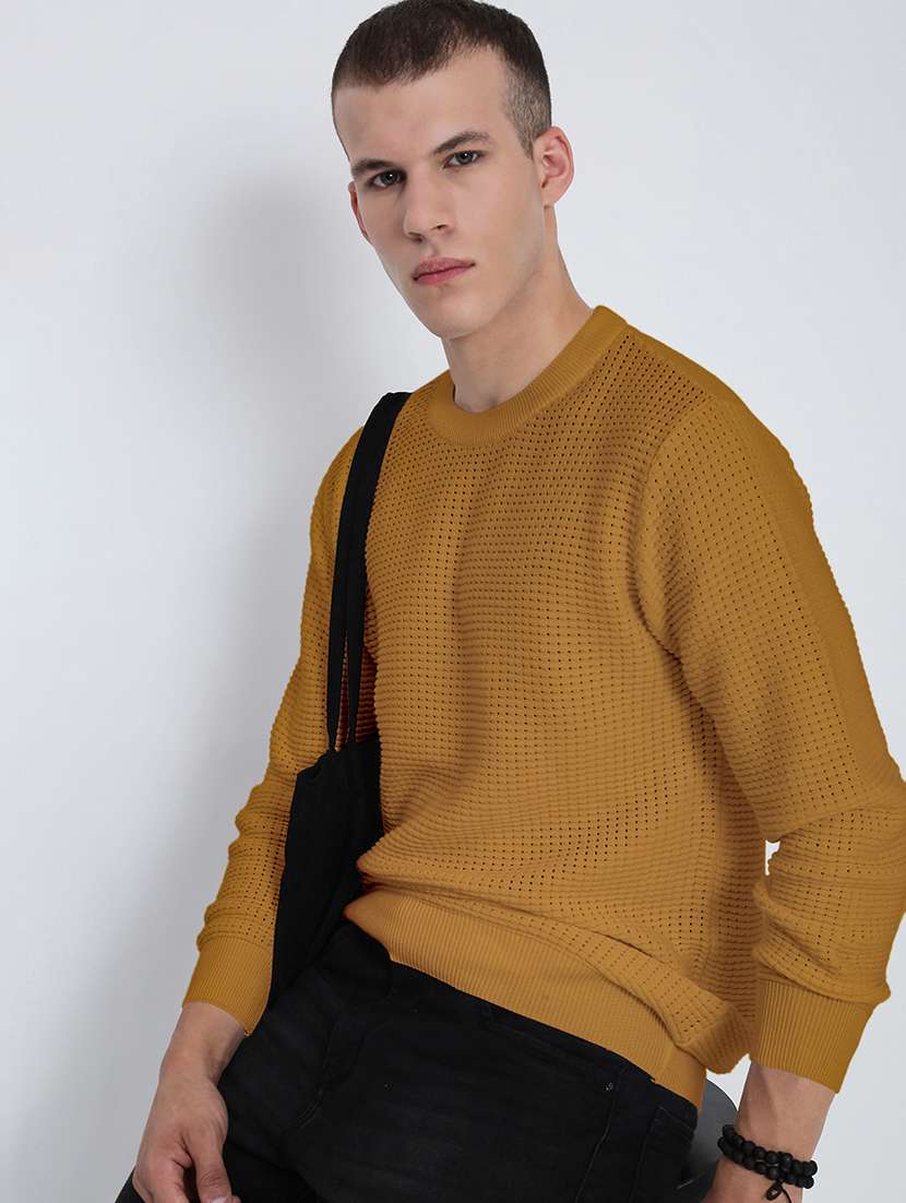 men mustard solid long sleeve pullover