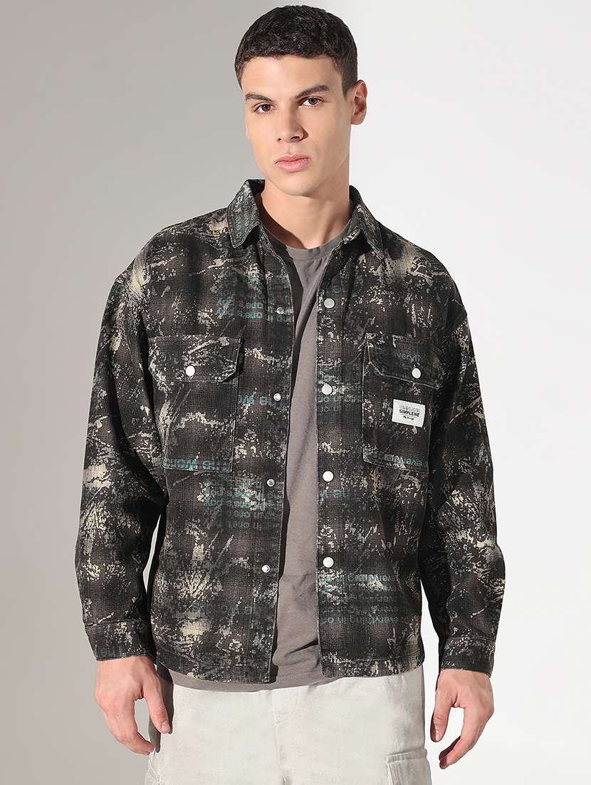 men printed collared long sleeve shacket - 22037873 -  Standard Image - 2
