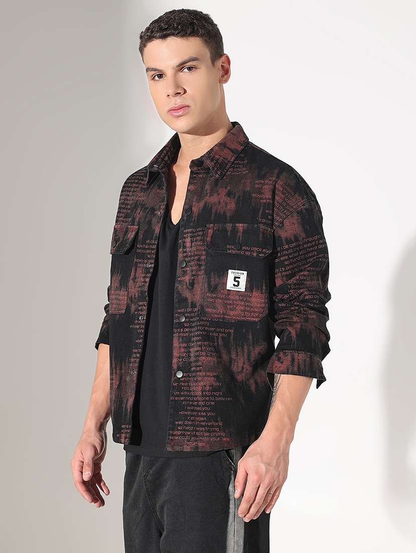 men printed collared long sleeve shacket - 22037876 -  Standard Image - 2