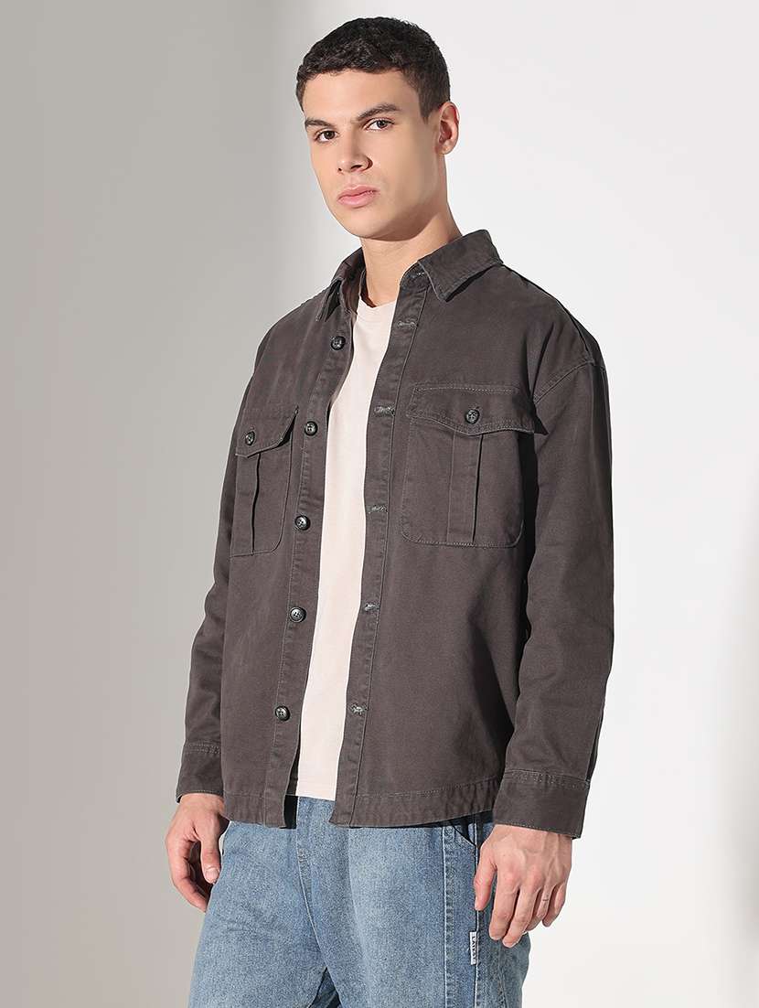 men solid collared long sleeve shacket - 22037878 -  Standard Image - 2