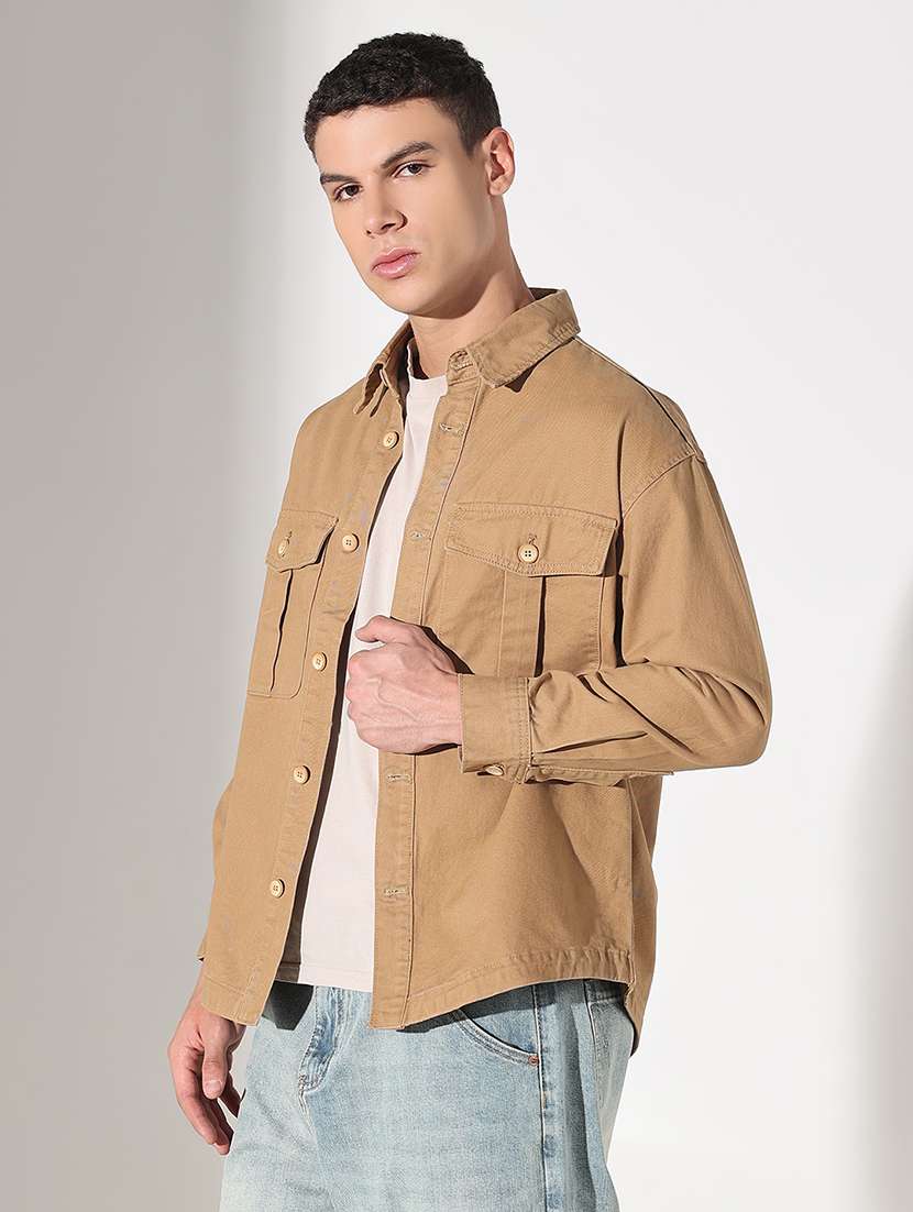 men solid collared long sleeve shacket - 22037879 -  Standard Image - 2