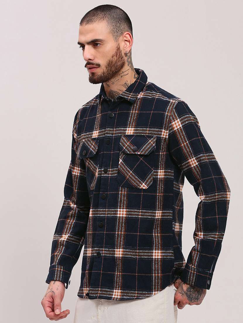 men checkered collared long sleeve shacket - 22037880 -  Standard Image - 2