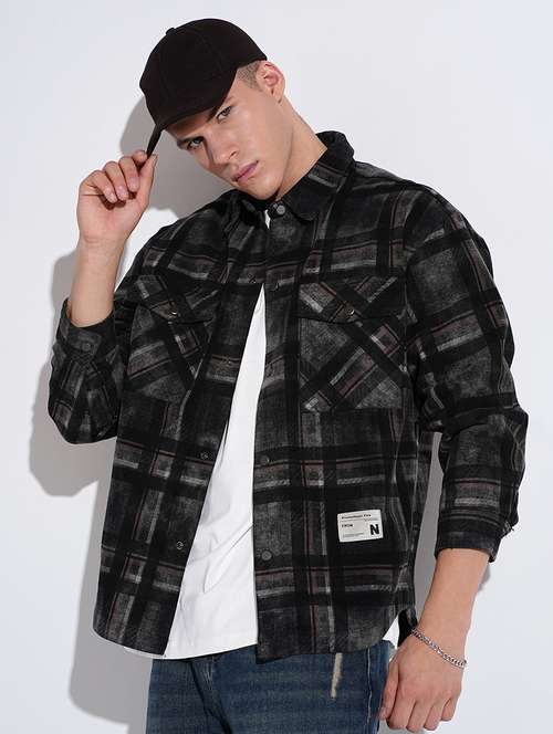men checkered collared long sleeve shacket - 22037881 -  Standard Image - 0