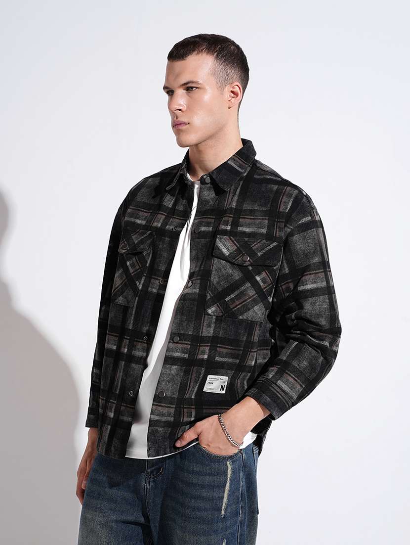 men checkered collared long sleeve shacket - 22037881 -  Standard Image - 2