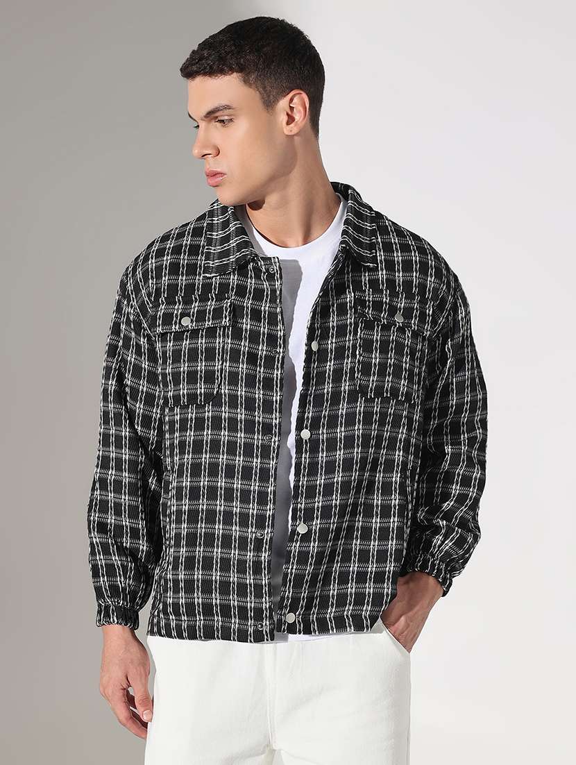 men checkered collared long sleeve shacket - 22037888 -  Standard Image - 2