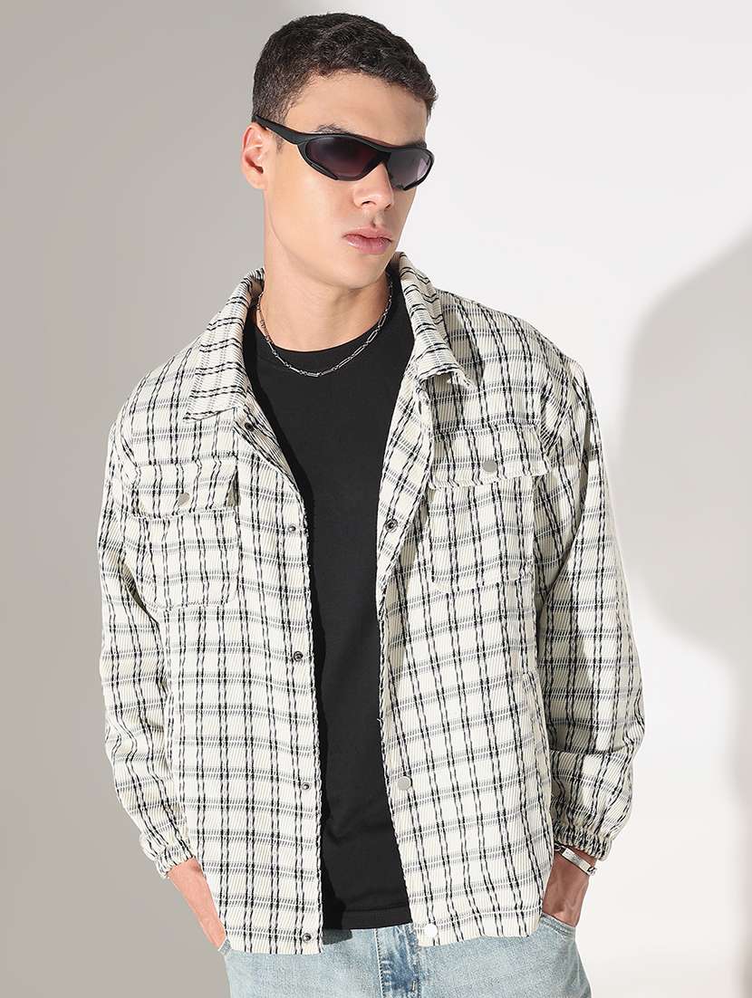 men checkered collared long sleeve shacket