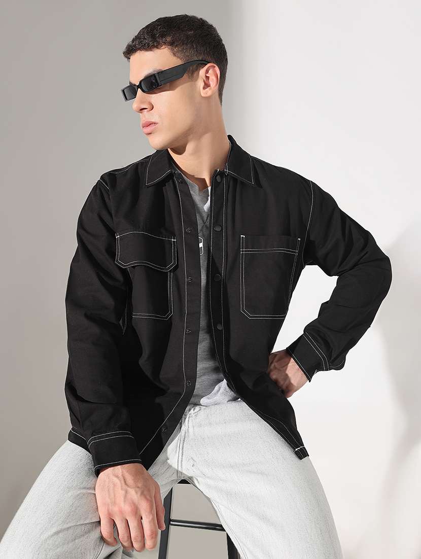 men solid collared long sleeve shacket