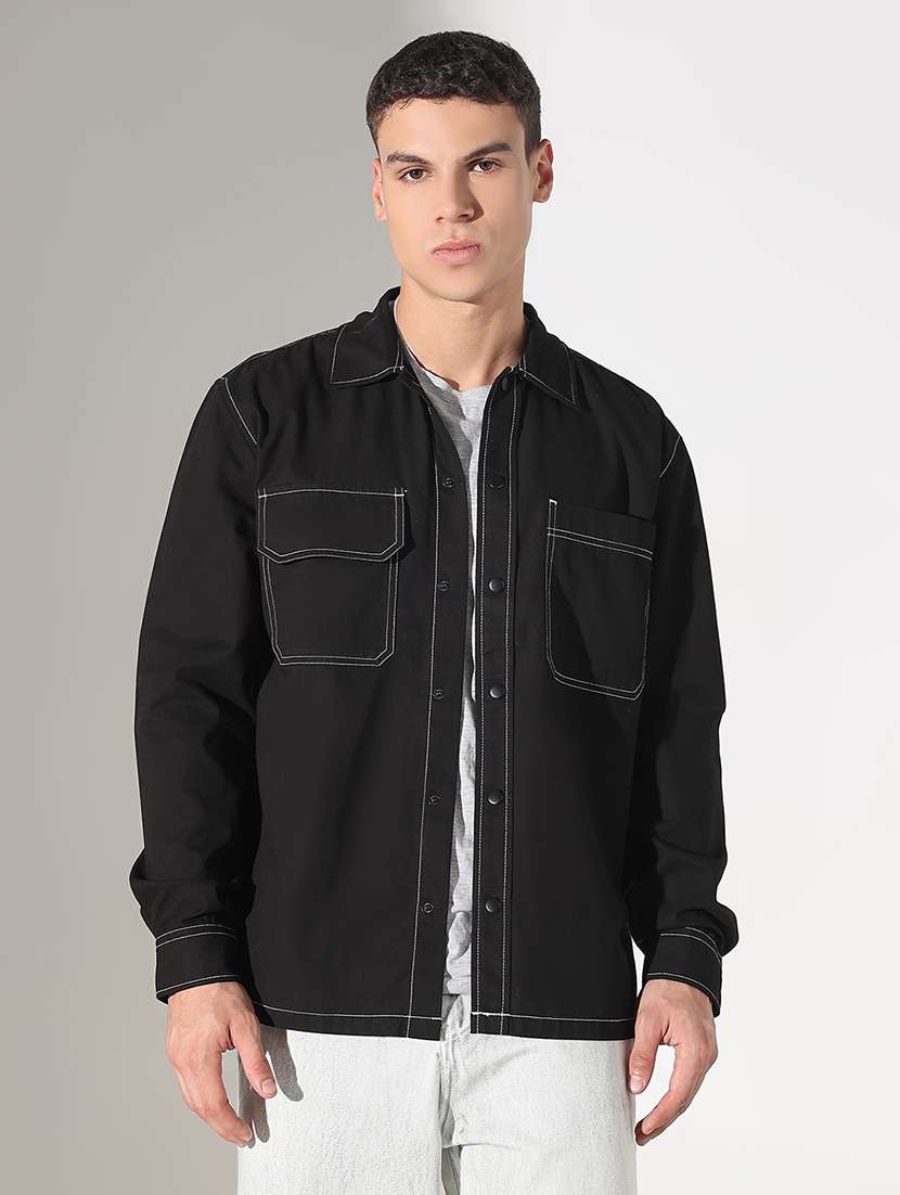 men solid collared long sleeve shacket - 22037891 - Standard Image - 2