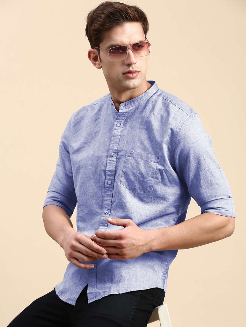 men solid mandarin collar long sleeve shirt