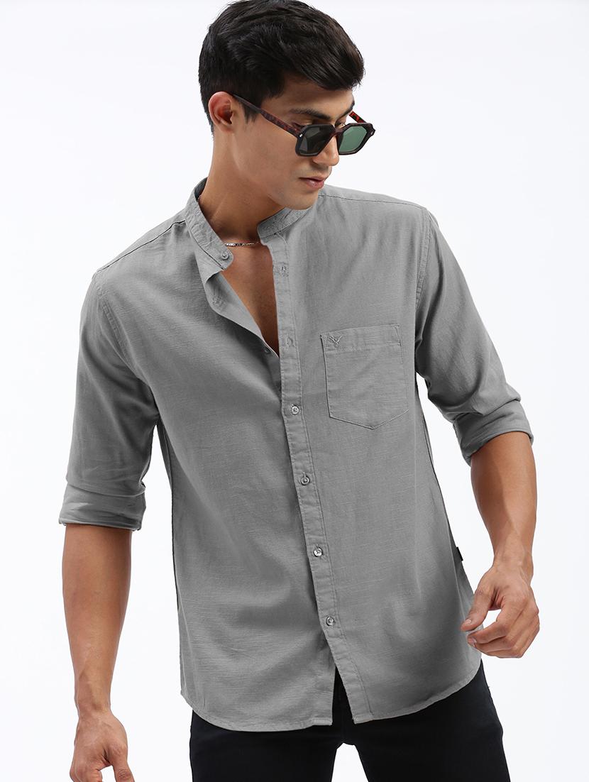 men solid mandarin collar long sleeve shirt - 22037894 - Zoom Image - 0