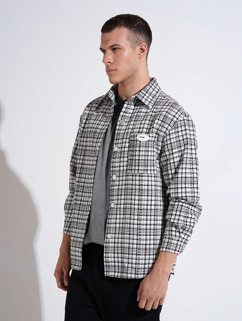 men checkered collared long sleeve shacket - 22037896 -  Standard Image - 2