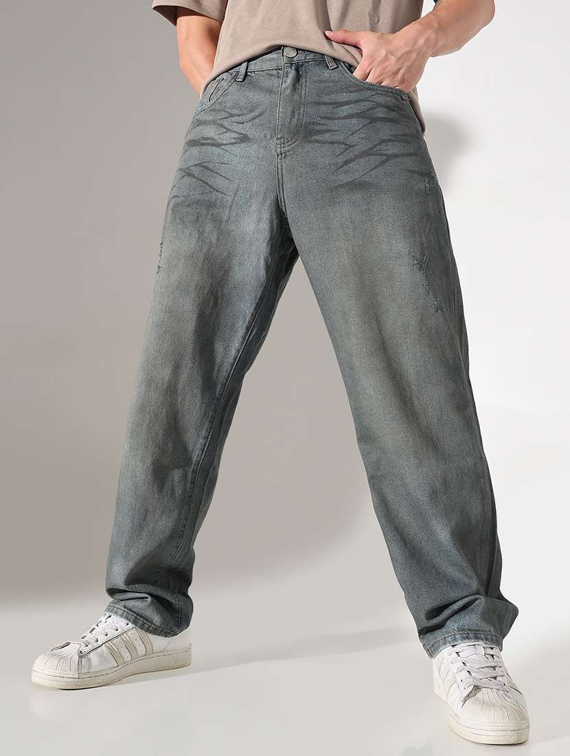 men solid mid rise baggy fit jean
