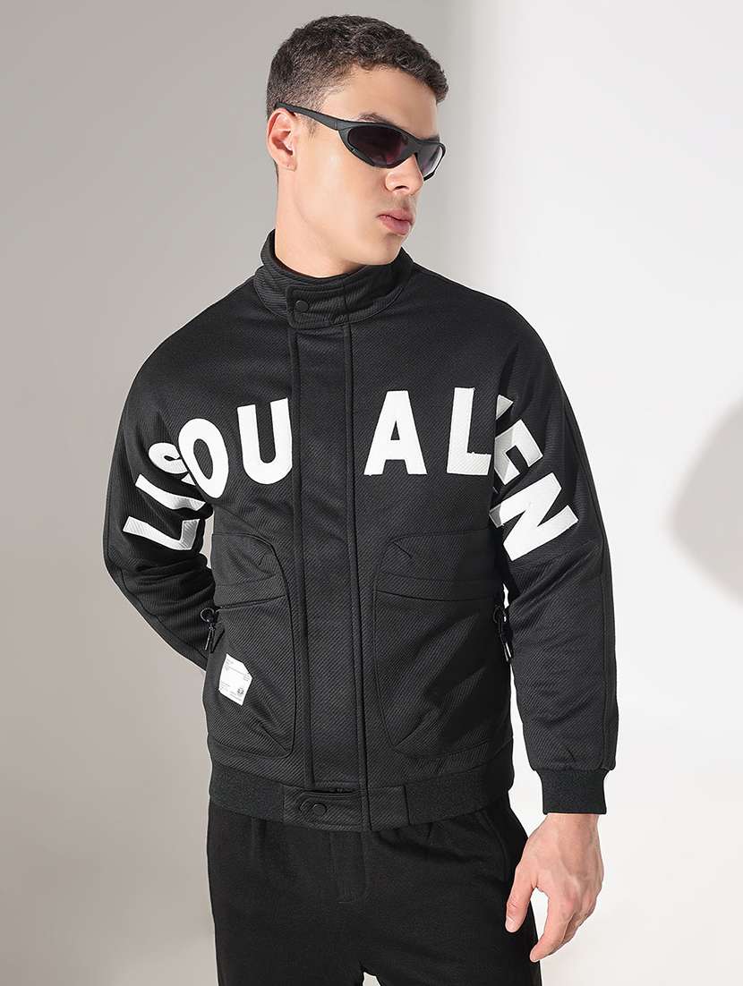 men typography printed long sleeve tailored jacket